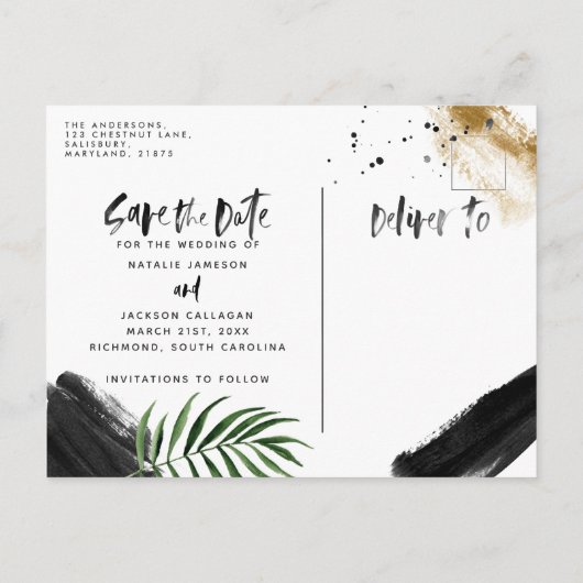 Moderne, tropische abstracte bruiloft aankondigingskaart (Achterkant)