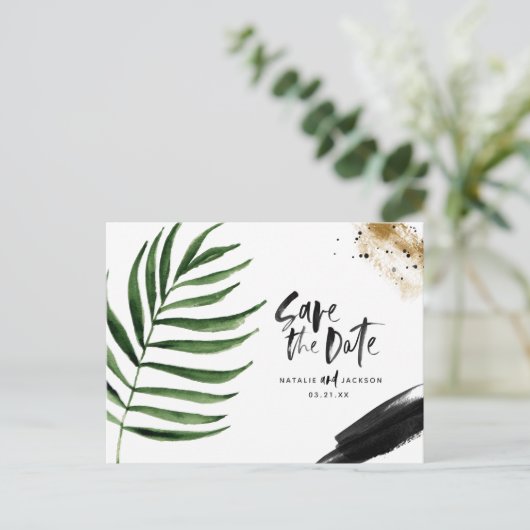 Moderne, tropische abstracte bruiloft aankondigingskaart (Staand voorkant)
