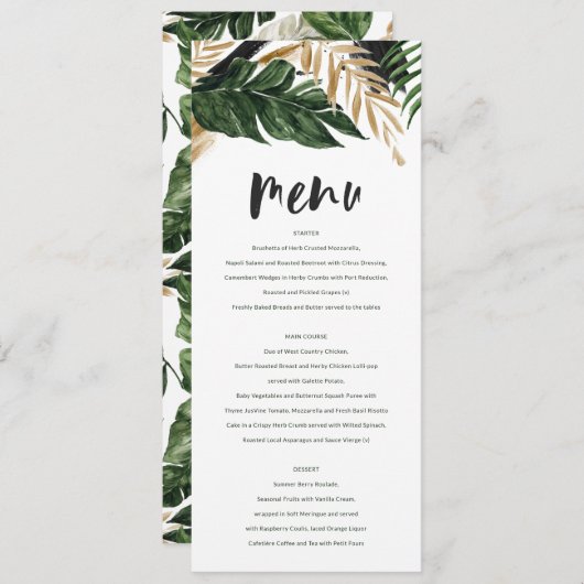 Moderne, tropische abstracte bruiloft menu (Voorkant / Achterkant)