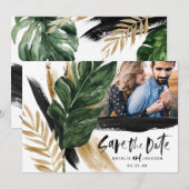 Moderne tropische abstracte geschilderde trouwfoto save the date (Voorkant / Achterkant)
