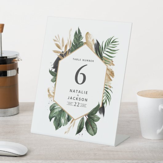 Moderne tropische abstracte trouwtafel nummers reclamebord met voetstuk (Insitu)