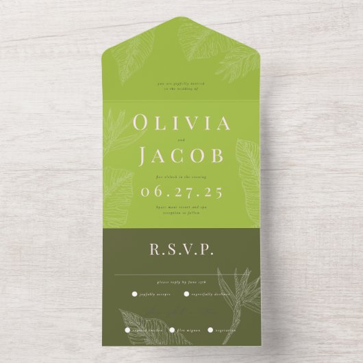Moderne Tropische Alles-in-één bruiloft uitnodigin All In One Uitnodiging (Binnen)
