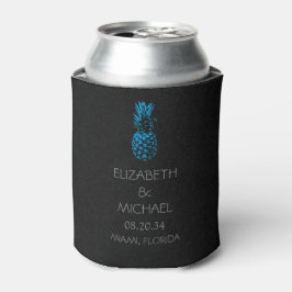 Moderne tropische ananas bruiloft zwart blauw blikjeskoeler