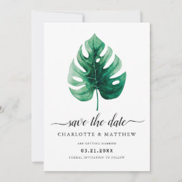 Moderne Tropische Aquarel Groene Monstera Blad Save The Date