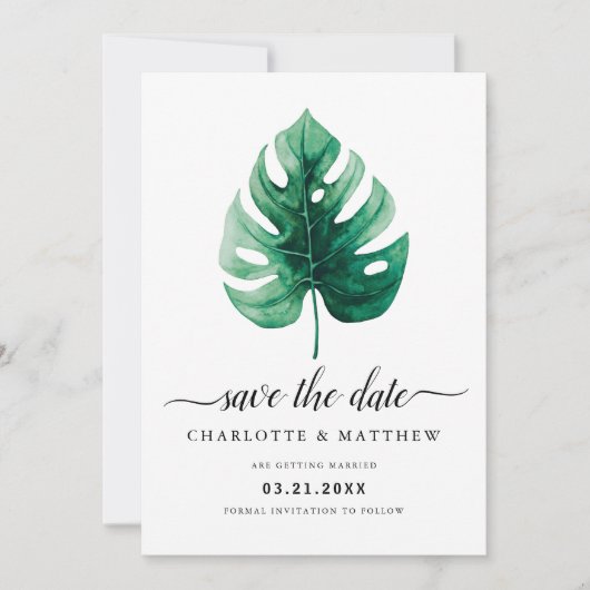 Moderne Tropische Aquarel Groene Monstera Blad Save The Date (Voorkant)
