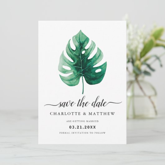 Moderne Tropische Aquarel Groene Monstera Blad Save The Date (Staand voorkant)