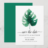 Moderne Tropische Aquarel Groene Monstera Blad Save The Date (Voorkant / Achterkant)