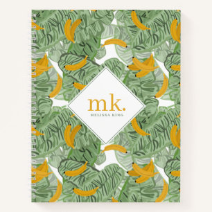 Moderne Tropische Banaan Groen Patroon Monogram Notitieboek
