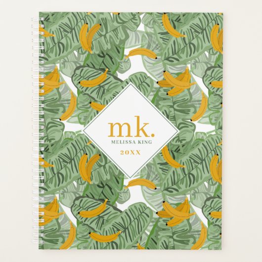 Moderne Tropische Banaan Groen Patroon Monogram Planner (Voorkant)