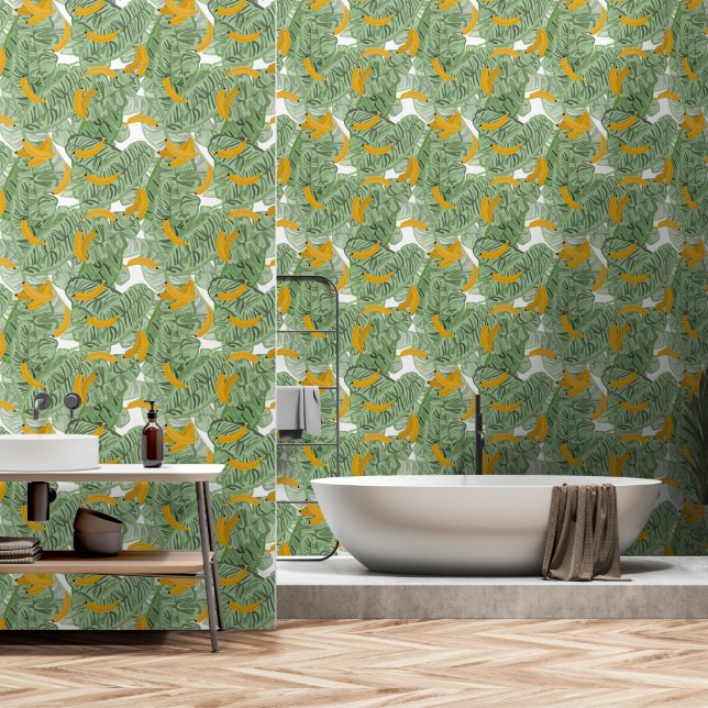 Moderne Tropische Banaan Groene Patroon Behang (Badkamer)