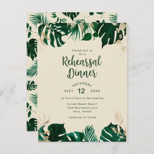 Moderne tropische bladeren bruiloft repetitie dine uitnodiging briefkaart (Voorkant / Achterkant)