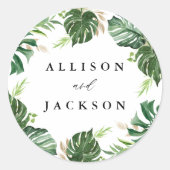 Moderne tropische bladeren goud gepersonaliseerde ronde sticker (Voorkant)