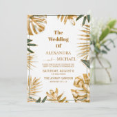 Moderne tropische bladeren gouden bruiloft kaart (Staand voorkant)