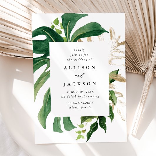 Moderne tropische bladeren gouden bruiloft kaart
