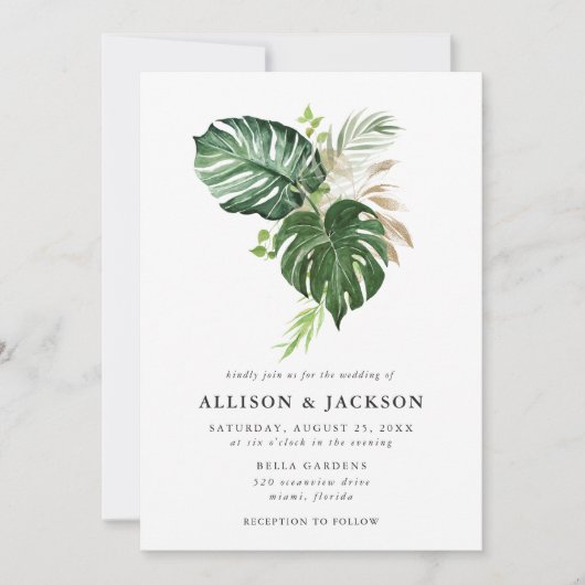 Moderne tropische bladeren gouden bruiloft kaart (Voorkant)