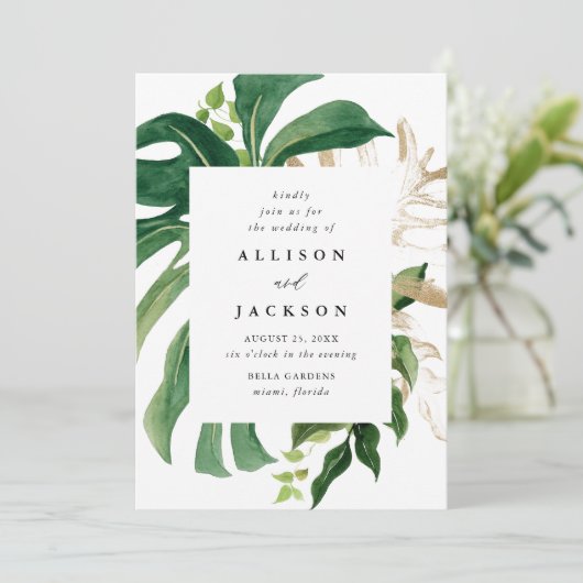 Moderne tropische bladeren gouden bruiloft kaart (Staand voorkant)