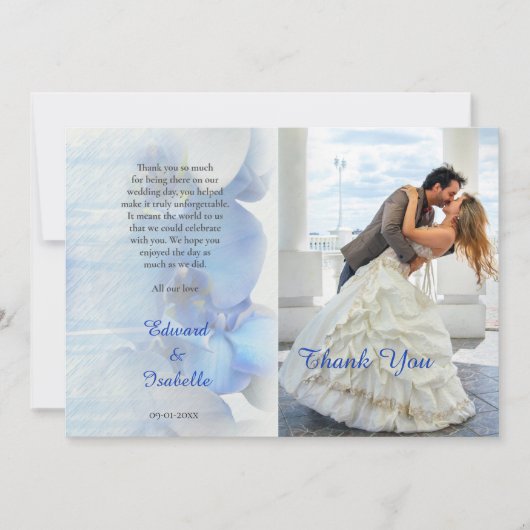 Moderne Tropische Blauwe Orchidee Floral Weduwfoto Bedankkaart (Voorkant)