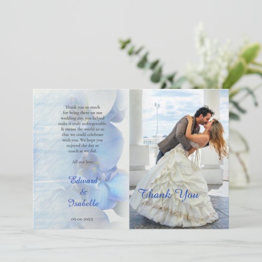 Moderne Tropische Blauwe Orchidee Floral Weduwfoto Bedankkaart (Staand voorkant)