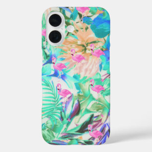 Moderne tropische blauwgroen roze florale flamingo iPhone 16 hoesje