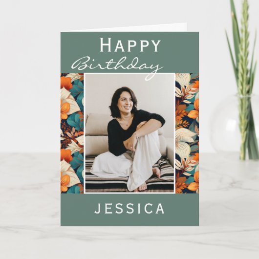 Moderne Tropische Bloemblad Patroon Foto Verjaarda Kaart (Voorkant)