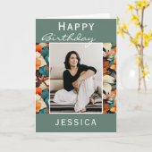 Moderne Tropische Bloemblad Patroon Foto Verjaarda Kaart (Gele Bloem)