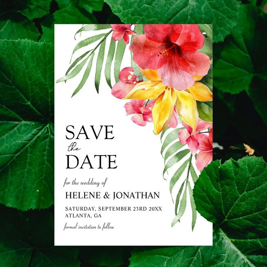 Moderne tropische bloemen elegante bestemming brui save the date