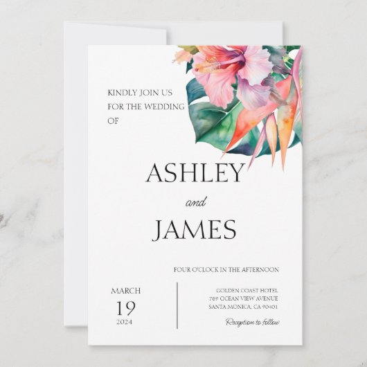 Moderne tropische bloemen groen bruiloft kaart (Voorkant)