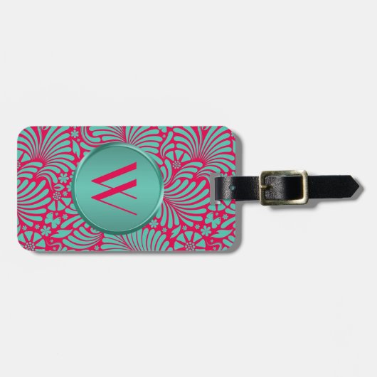 Moderne Tropische Bloemen Monogram Bagagelabel (Voorkant horizontaal)