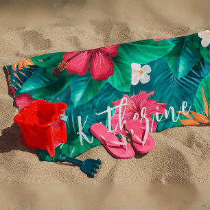 Moderne tropische bloemige monogram badhanddoek