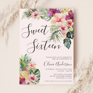 Moderne Tropische Bloemige Sweet 16 Roze Kaart