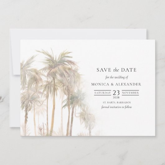 Moderne Tropische Bomen Typografie Save The Date (Voorkant)