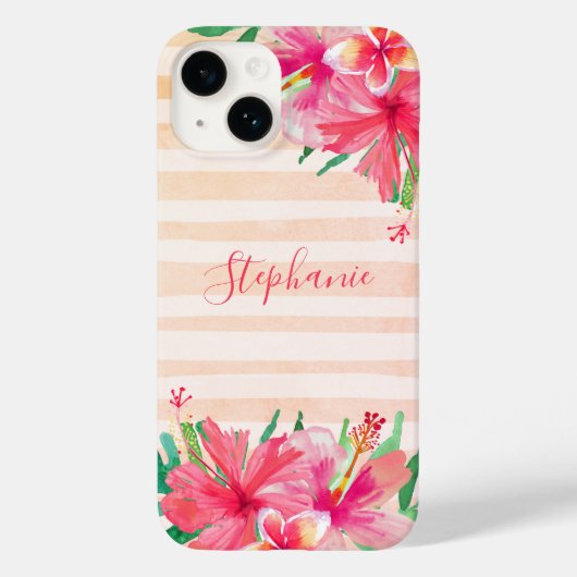 Moderne tropische botanische bloemstrepen monogram Case-Mate iPhone case (Achterkant)