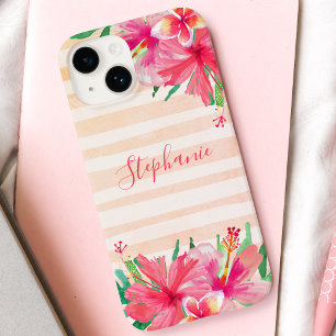 Moderne tropische botanische bloemstrepen monogram Case-Mate iPhone 14 hoesje