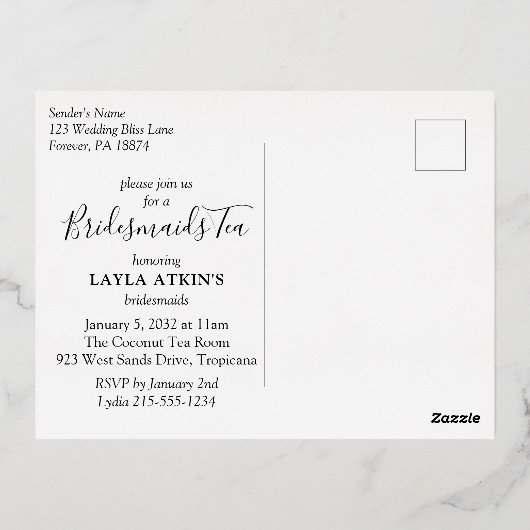 Moderne tropische bridesmaïden Tea Shower Gold Foi Folie Uitnodiging Briefkaart (Achterkant)