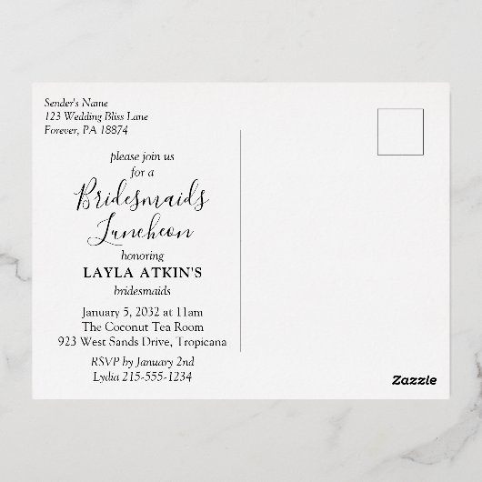 Moderne Tropische Bridesmaids Luncheon Shower Gold Folie Uitnodiging Briefkaart (Achterkant)