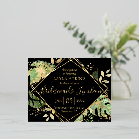Moderne Tropische Bridesmaids Luncheon Shower Gold Folie Uitnodiging Briefkaart (Staand Voorkant)