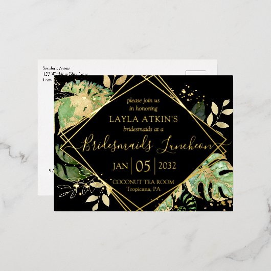 Moderne Tropische Bridesmaids Luncheon Shower Gold Folie Uitnodiging Briefkaart (Voorkant / Achterkant)