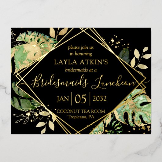 Moderne Tropische Bridesmaids Luncheon Shower Gold Folie Uitnodiging Briefkaart (Voorkant)