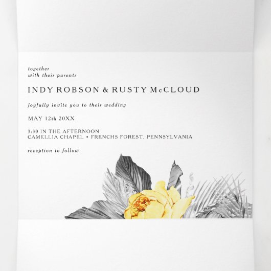 Moderne tropische bruiloft alles in één drievoudig drieluik uitnodiging (Binnenkant midden)