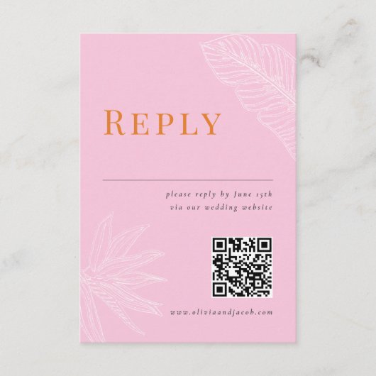 Moderne Tropische Bruiloft RSVP Kaart met QR code (Voorkant)
