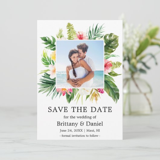 Moderne tropische draal sla de Datum fotokaart op Save The Date (Staand voorkant)