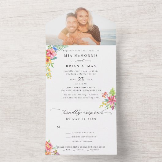 Moderne Tropische Elegante Script Foto Bruiloft All In One Uitnodiging (Binnen)