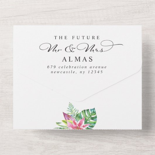 Moderne Tropische Elegante Script Foto Bruiloft All In One Uitnodiging (Achterkant)