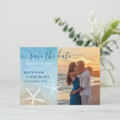 Moderne tropische elegante strand bruiloft foto save the date (Staand voorkant)