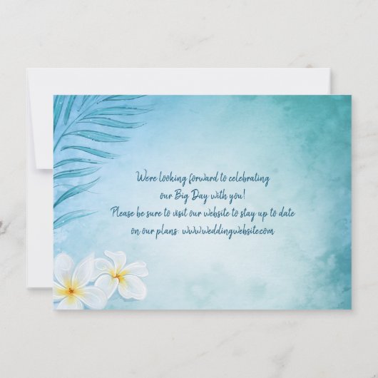 Moderne tropische elegante strand bruiloft foto save the date (Achterkant)