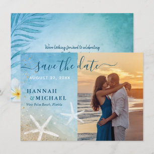 Moderne tropische elegante strand bruiloft foto save the date