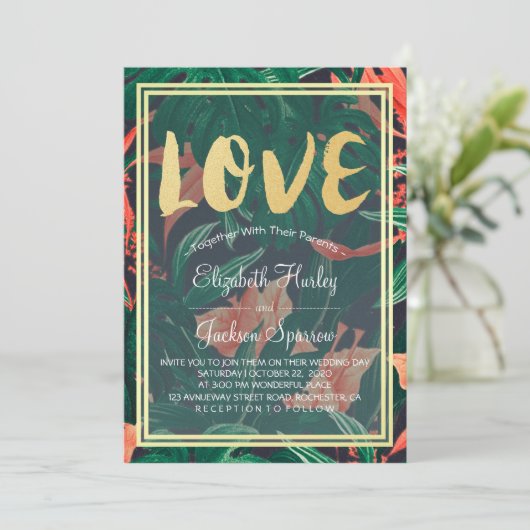 Moderne tropische Floral Gold Lijst Hawaiian Weddi Kaart (Staand voorkant)