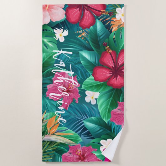 Moderne tropische Floral Monogram Strandlaken (Voorkant)