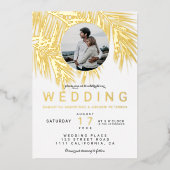 Moderne tropische fotogouden palmboom, witte bruil folie uitnodiging (Voorkant)