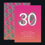 Moderne tropische Fuchsia 30th Birthday Kaart<br><div class="desc">Deze leuke,  moderne dertigste verjaardagsuitnodiging heeft een tropische roze en oranje zonsondergang,  waterverf tropische bladeren die rond een 30 en eenvoudige tekst lopen. Op de achterzijde is een bijpassend zonneplaatachtergrond en een waterverf tropisch monster met een bladpatroon aangebracht.</div>